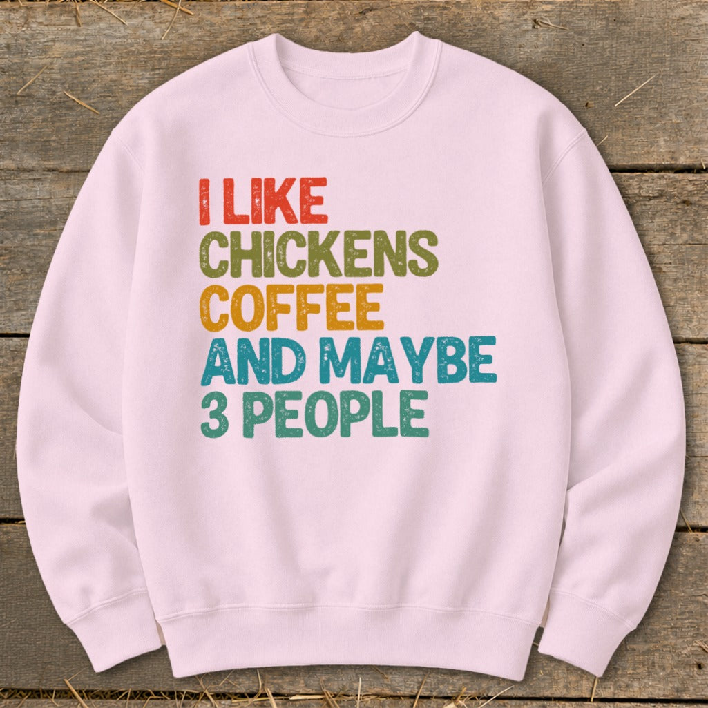 Pink sweatshirt with text "I LIKE CHICKENS COFFEE AND MAYBE 3 PEOPLE."