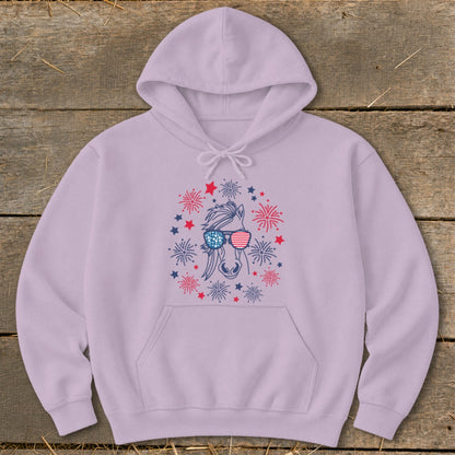 Lavender hoodie with horse wearing American flag sunglasses and fireworks design.