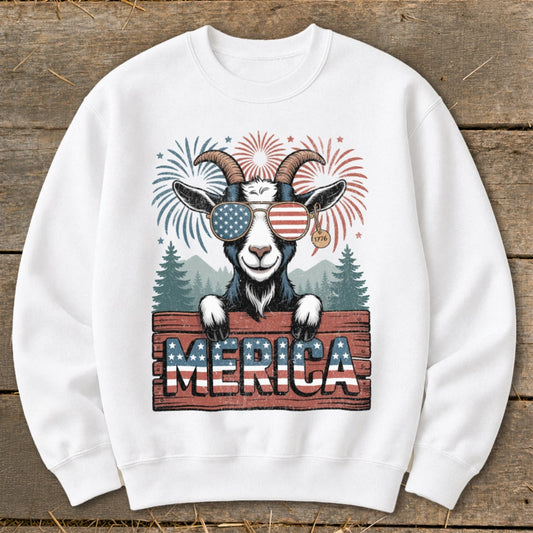 Goat wearing American flag sunglasses and a "1776" tag, with "MERICA" text.