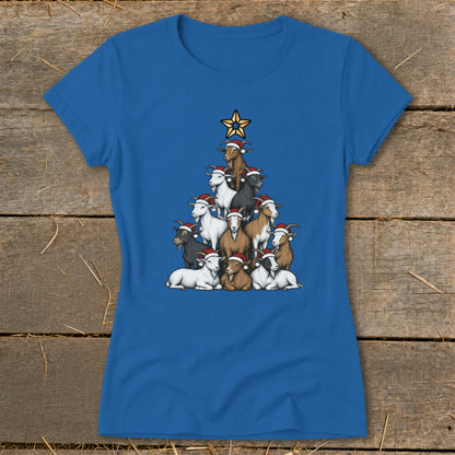 Christmas tree made of goats wearing Santa hats, with a star on top.