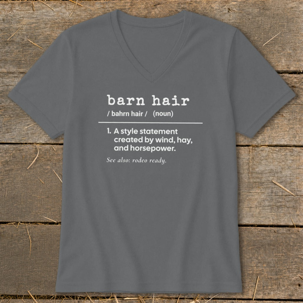 Gray t-shirt with "barn hair" definition text in white.