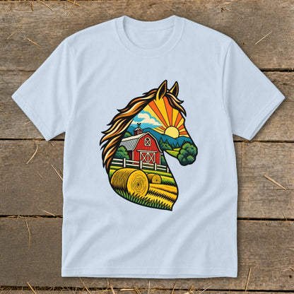 Light blue crewneck t-shirt featuring a colorful graphic of a horse head filled with a farm scene.