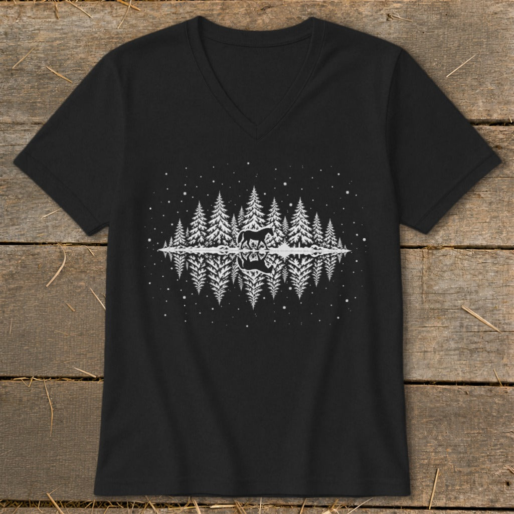 Black t-shirt with graphic of horse and pine trees reflected in water.