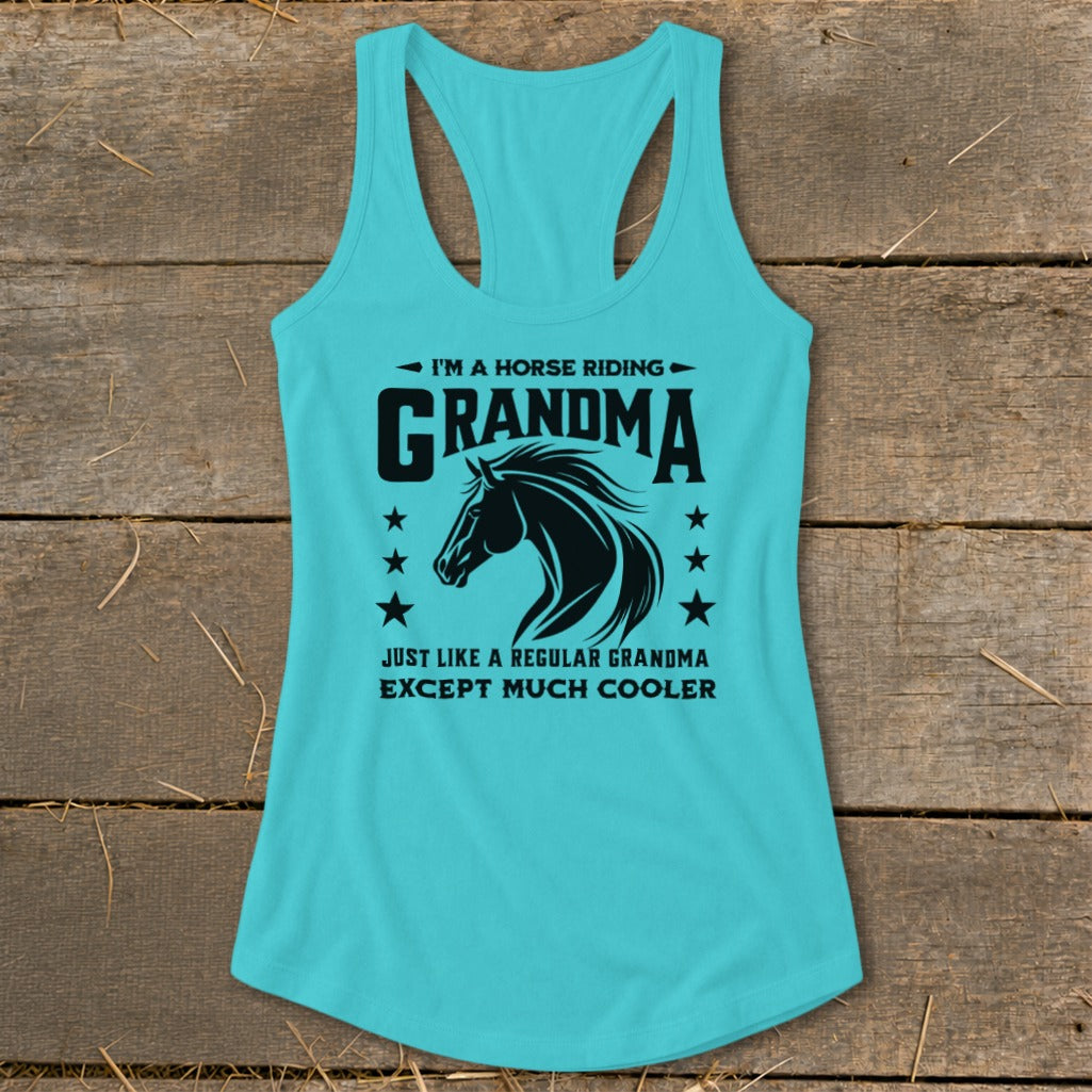 Turquoise tank top with horse graphic and "I'm a horse riding grandma" text.