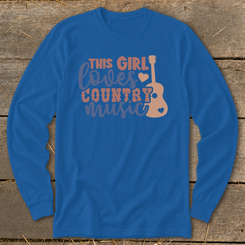 Blue long-sleeve shirt with "This Girl Loves Country Music" text and guitar graphic.
