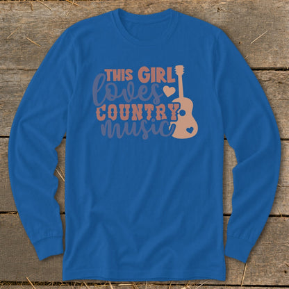 Blue long-sleeve shirt with "This Girl Loves Country Music" text and guitar graphic.