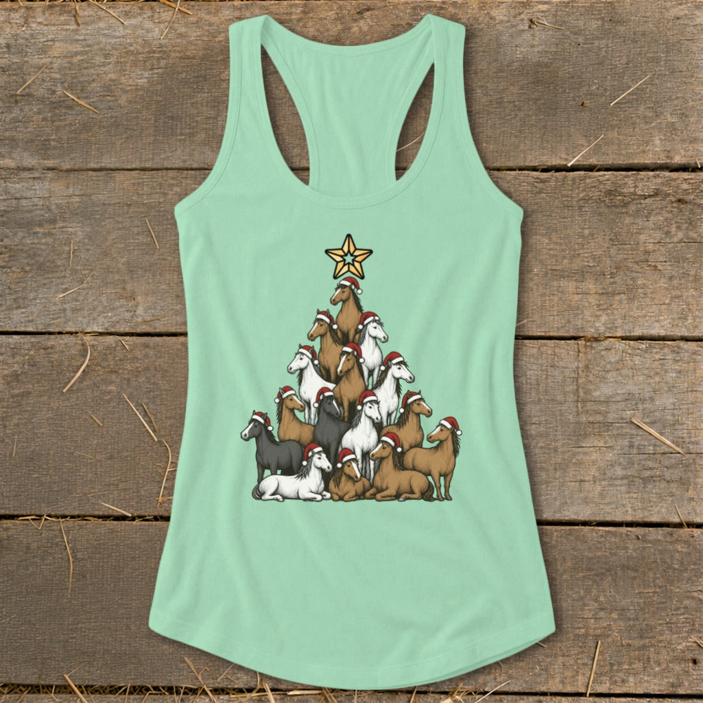 Light mint green tank top with Christmas tree made of horses wearing Santa hats.
