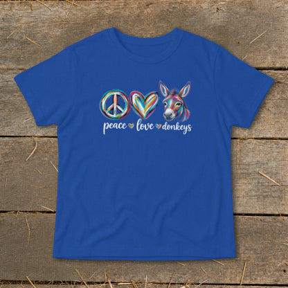Royal blue t-shirt with peace sign, heart, and donkey art with text.