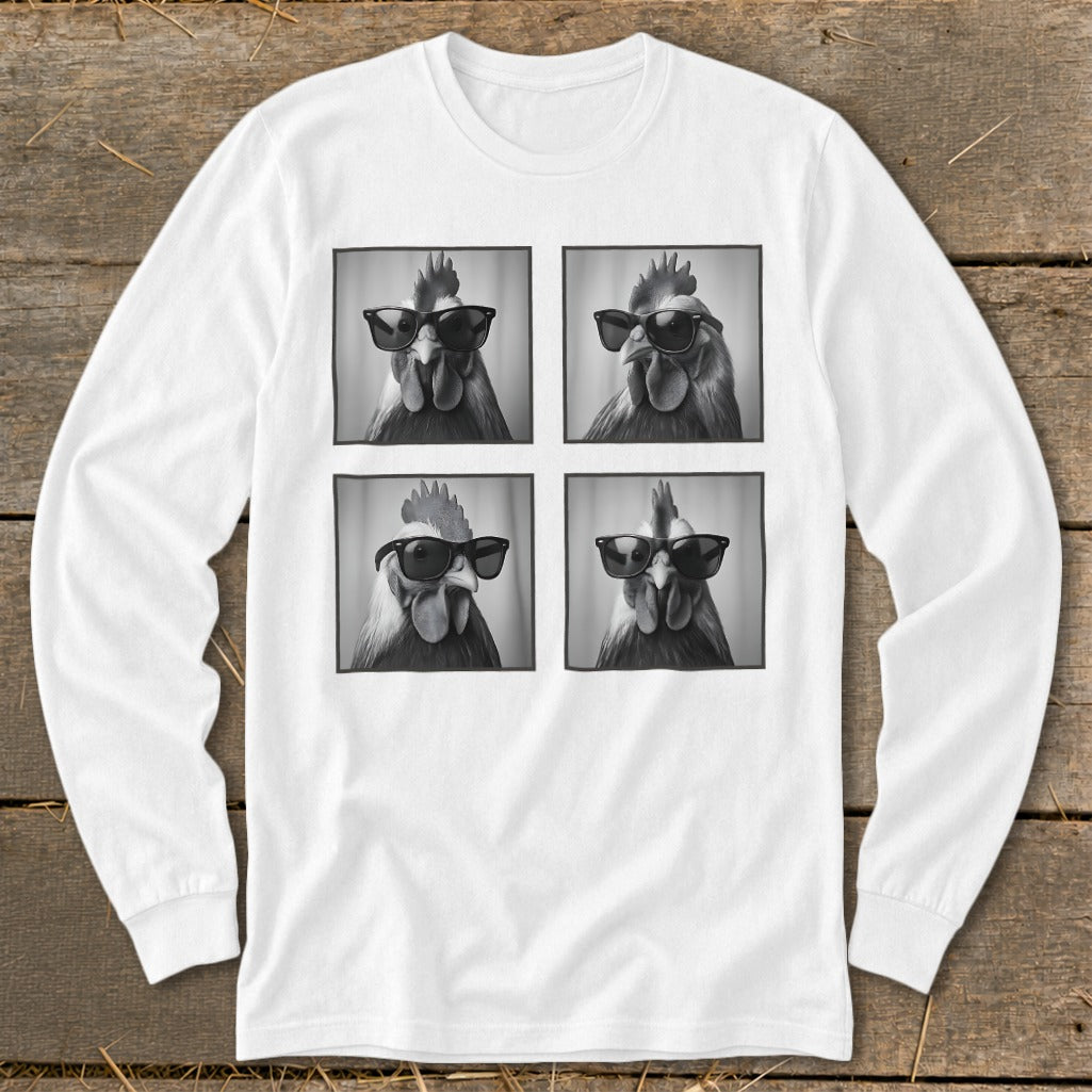 Four black and white portraits of roosters wearing sunglasses are arranged in a grid.