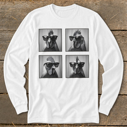 Four black and white portraits of roosters wearing sunglasses are arranged in a grid.