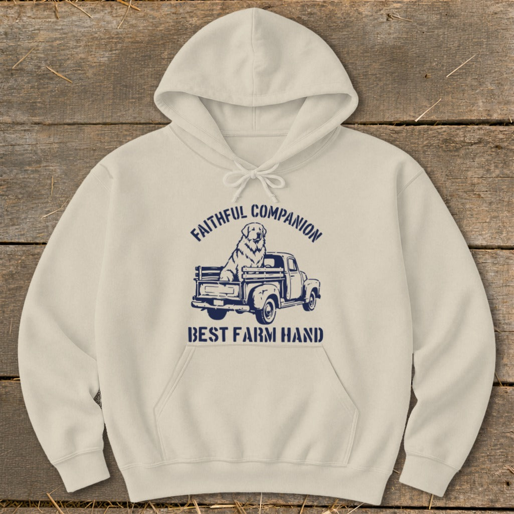 Cream hoodie with navy graphic of a dog in a truck and text "FAITHFUL COMPANION BEST FARM HAND".