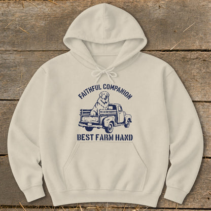Cream hoodie with navy graphic of a dog in a truck and text "FAITHFUL COMPANION BEST FARM HAND".