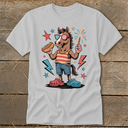 Horse in sunglasses holding hot dog and sparkler with fireworks and lightning bolts.