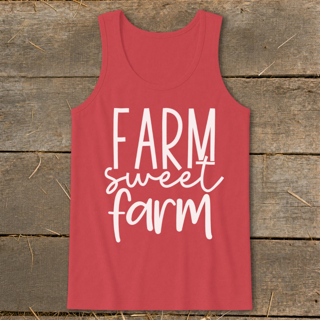 Red tank top with white text reading "FARM sweet farm".