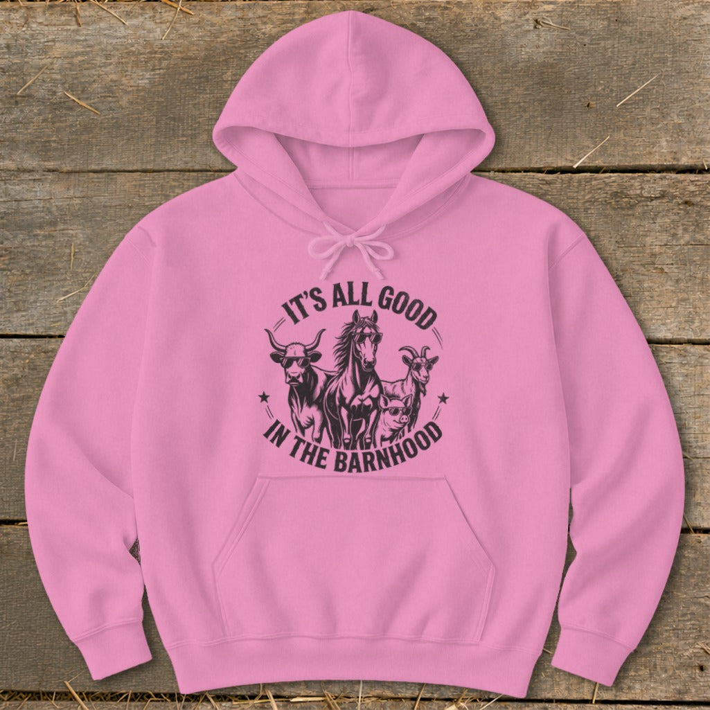Pink hoodie with "It's All Good In The Barnhood" text and farm animals graphic.