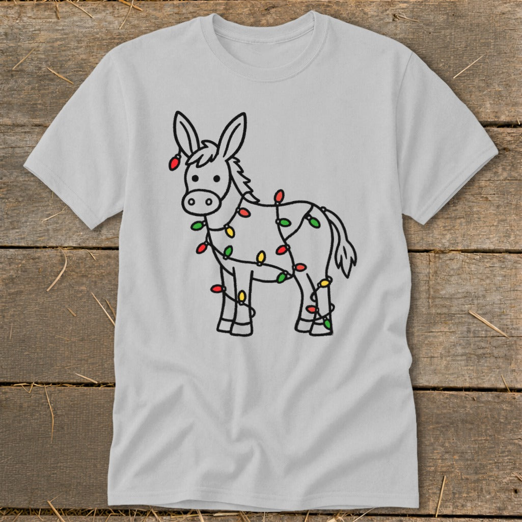 Light gray t-shirt with a cartoon donkey wrapped in colorful Christmas lights.