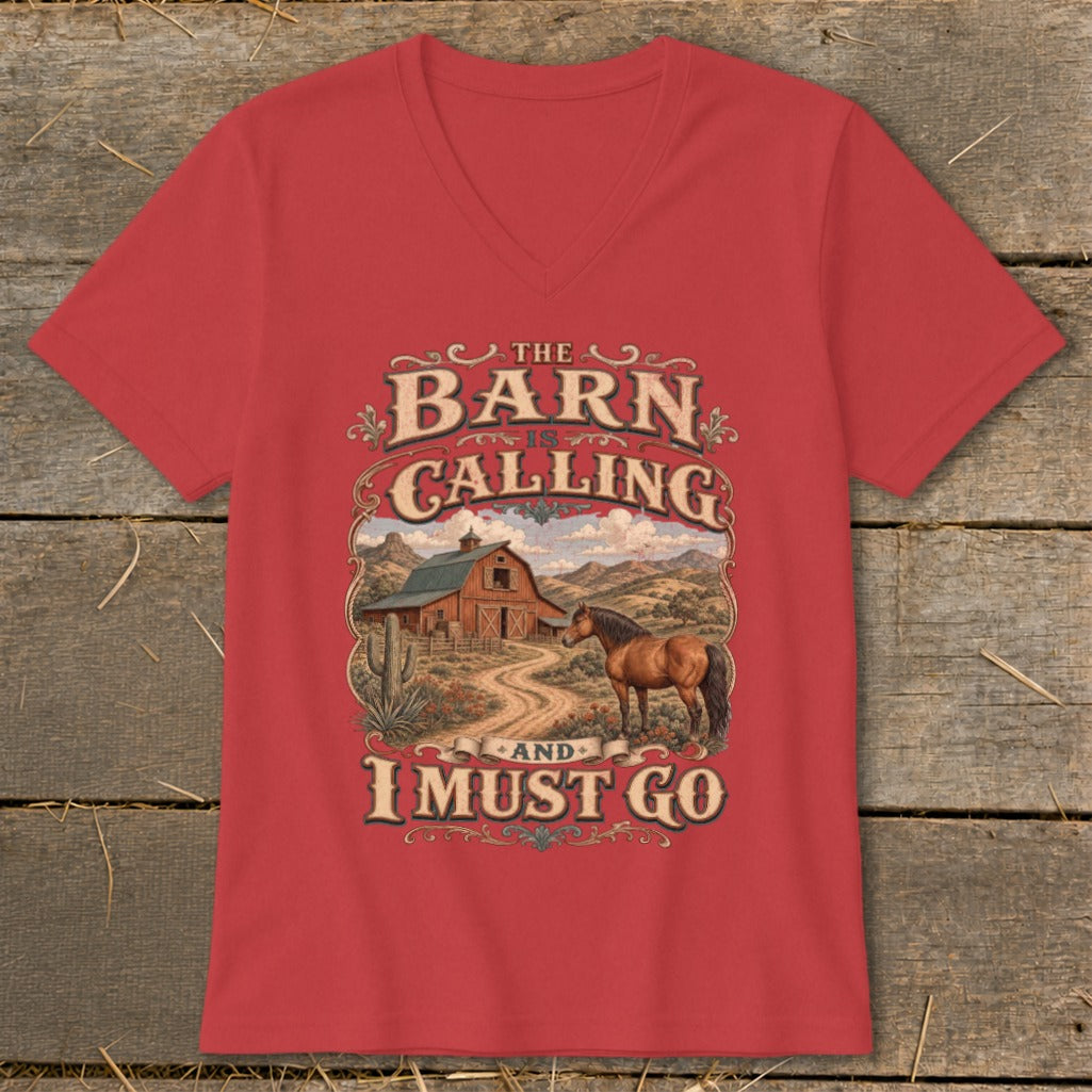 "The Barn is Calling and I Must Go" text over barn, horse, and desert scene.