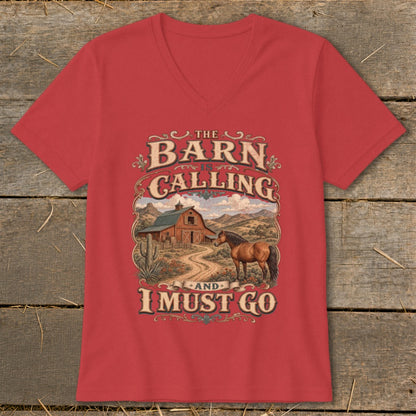 "The Barn is Calling and I Must Go" text over barn, horse, and desert scene.