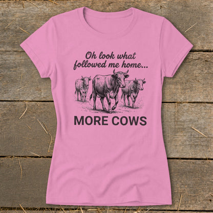 Pink t-shirt with three cows and text "Oh look what followed me home... MORE COWS".