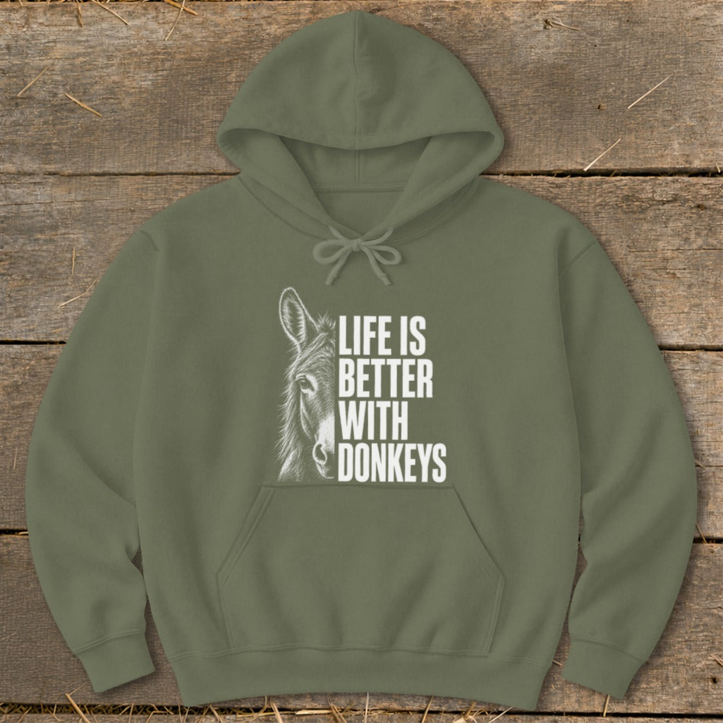 Olive green hoodie with donkey illustration and "Life is Better With Donkeys" text.