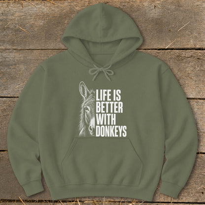 Olive green hoodie with donkey illustration and "Life is Better With Donkeys" text.