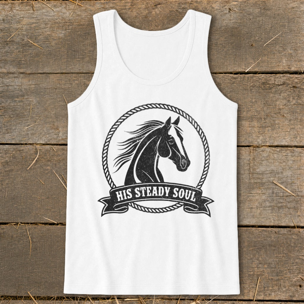 White tank top with distressed black horse head logo and "His Steady Soul" text.