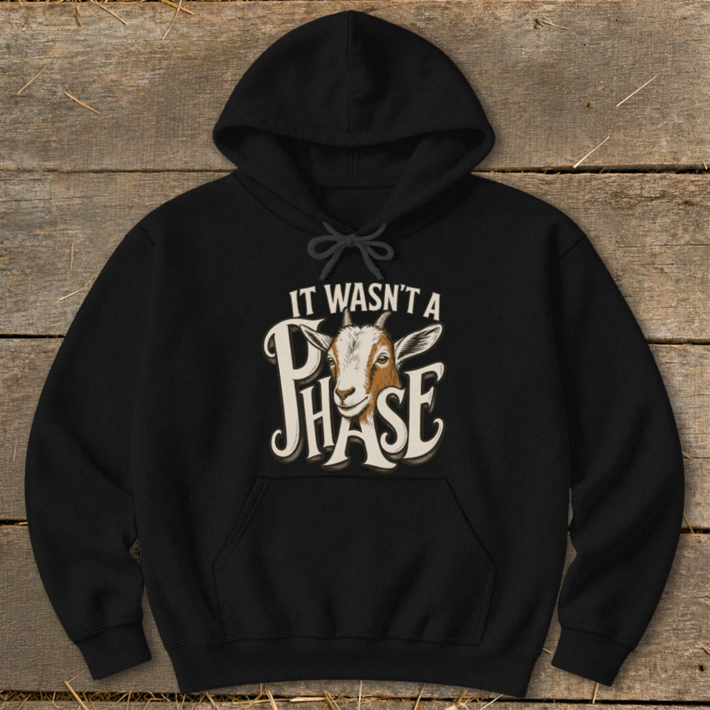 Black hoodie with goat graphic and text "IT WASN'T A PHASE".