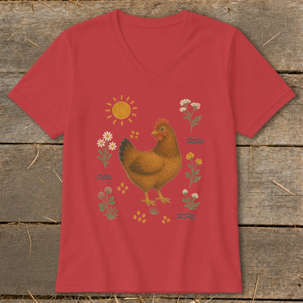 Red v-neck t-shirt with a brown chicken and floral design.