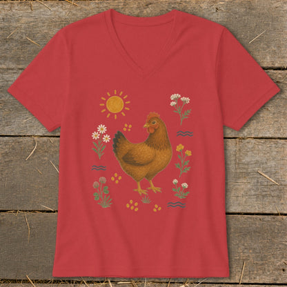 Red v-neck t-shirt with a brown chicken and floral design.
