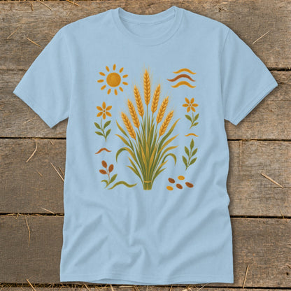 Light blue t-shirt with a central wheat stalk design and surrounding sun, flowers, and leaves.