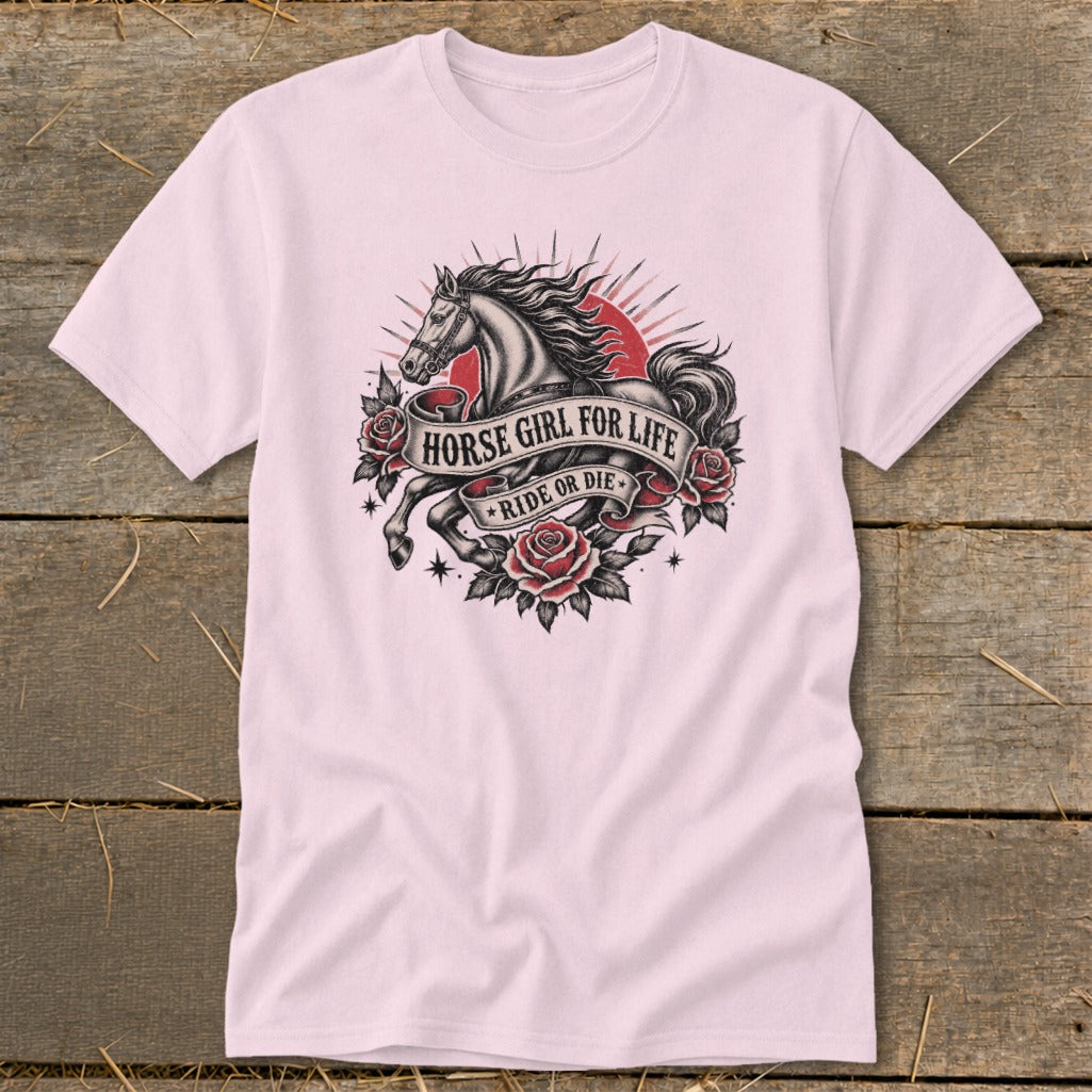 Pink t-shirt with tattoo-style horse, roses, and "Horse Girl for Life Ride or Die" text.