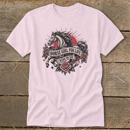 Pink t-shirt with tattoo-style horse, roses, and "Horse Girl for Life Ride or Die" text.