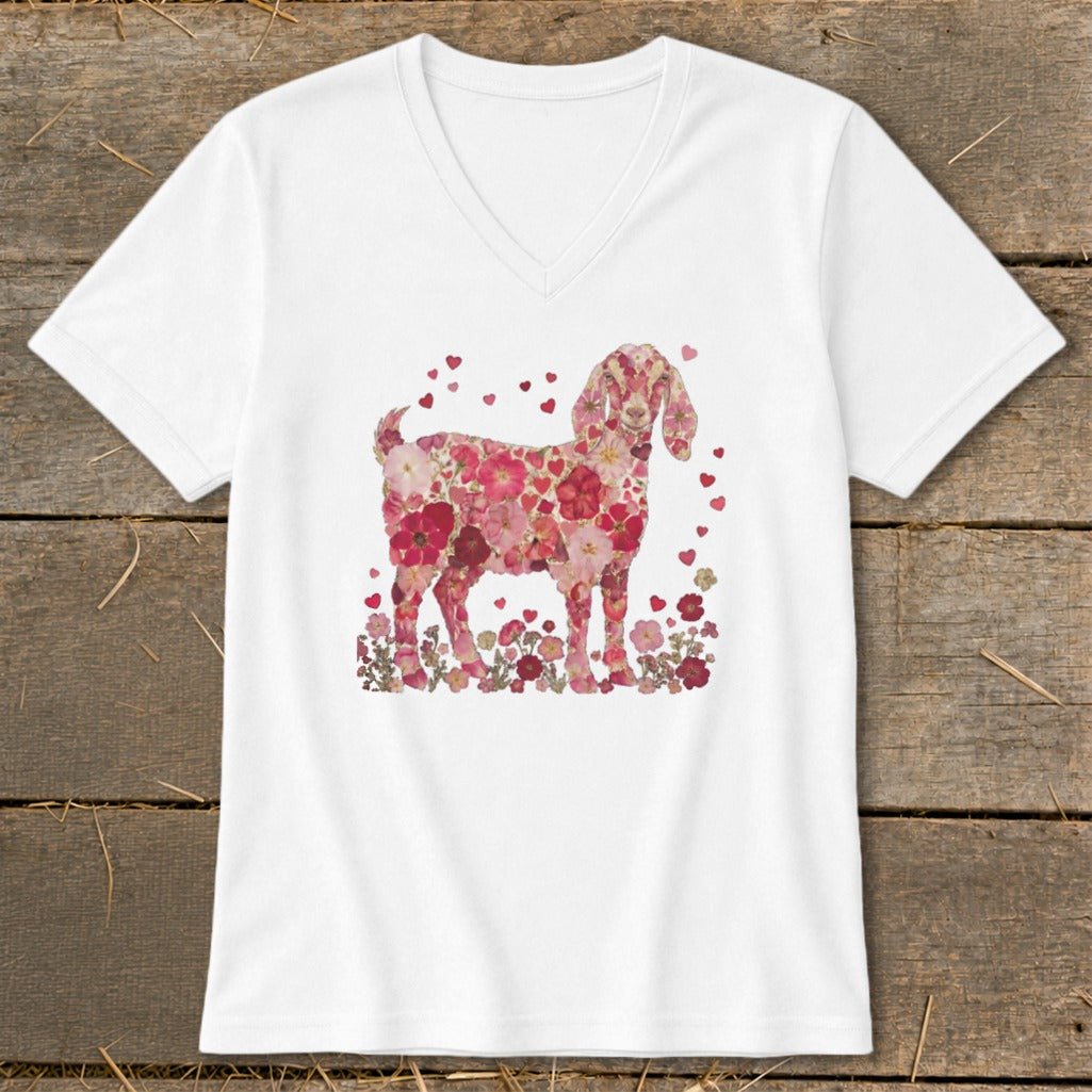 White t-shirt with a floral goat graphic surrounded by small hearts and flowers.