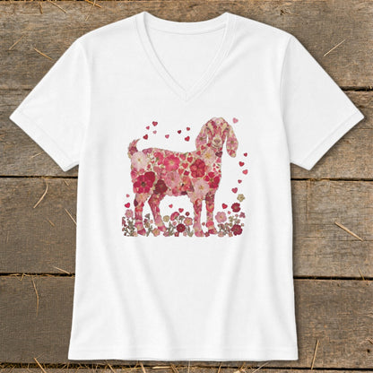 White t-shirt with a floral goat graphic surrounded by small hearts and flowers.