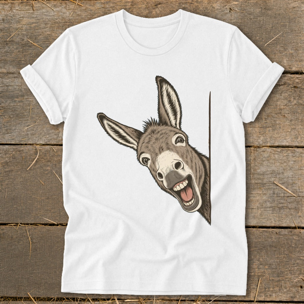 White t-shirt with a cartoon donkey peeking around a corner.