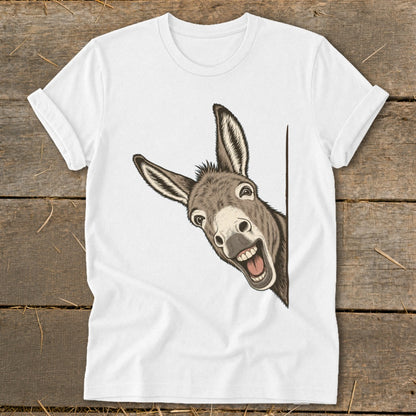 White t-shirt with a cartoon donkey peeking around a corner.