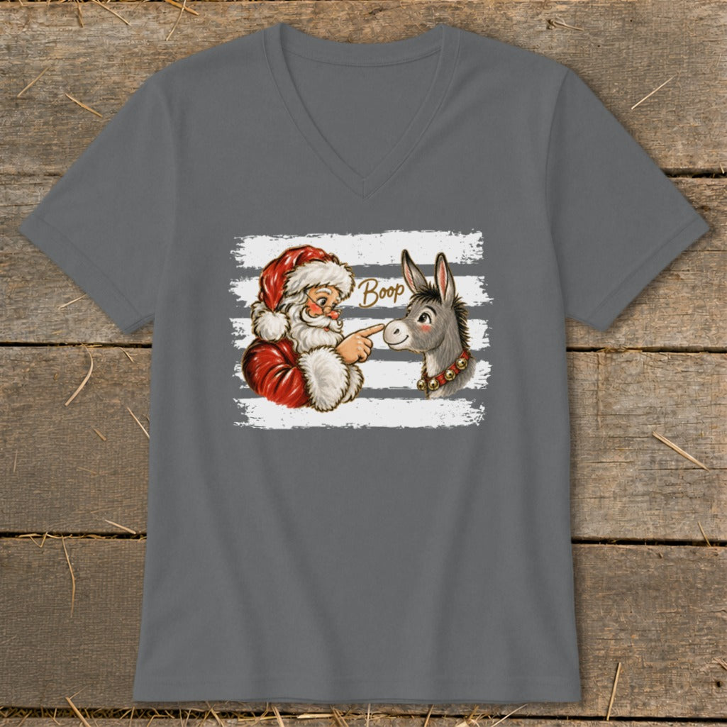 Santa booping a donkey with the word "Boop" above, on a gray t-shirt.