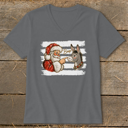 Santa booping a donkey with the word "Boop" above, on a gray t-shirt.