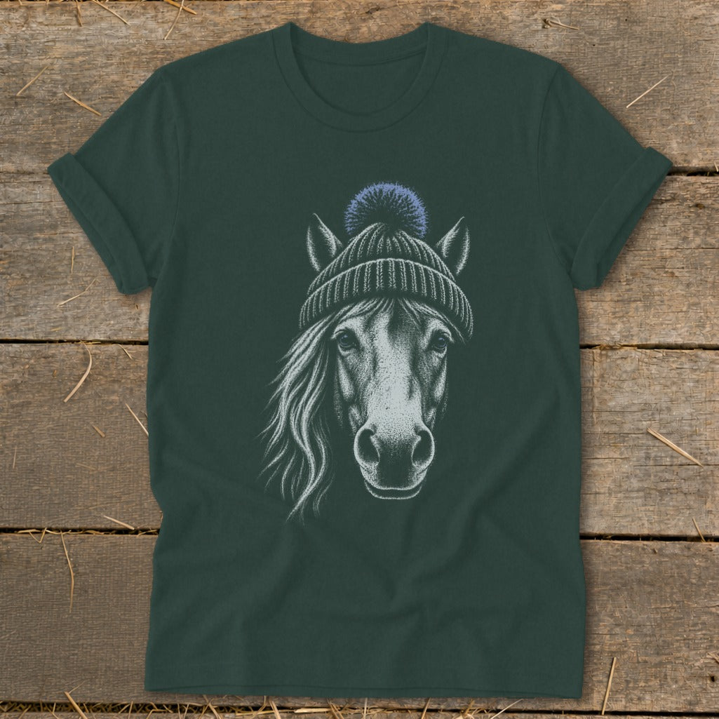 T-shirt with a sketch of a horse wearing a knitted hat with a pom-pom.