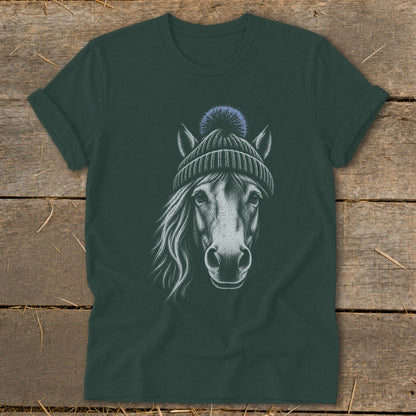 T-shirt with a sketch of a horse wearing a knitted hat with a pom-pom.