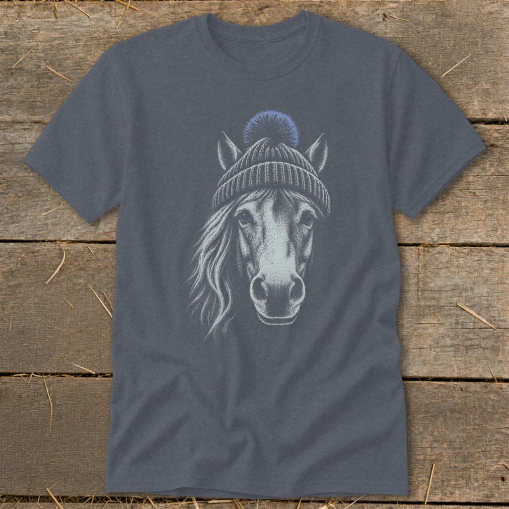 Charcoal t-shirt with a sketch of a horse wearing a blue pom-pom beanie.