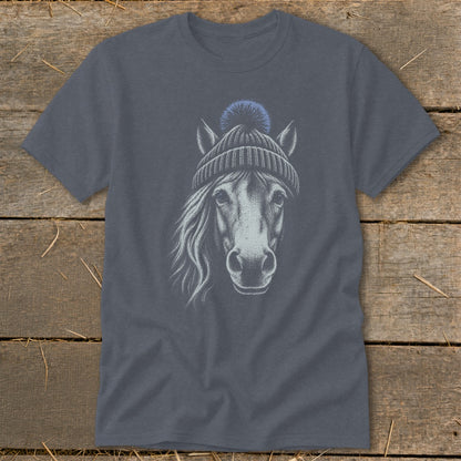 Charcoal t-shirt with a sketch of a horse wearing a blue pom-pom beanie.