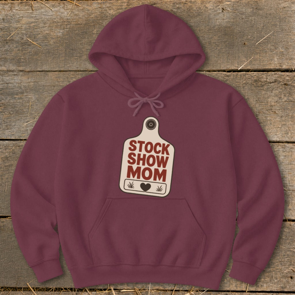 Maroon hoodie with a tag graphic that reads "STOCK SHOW MOM"