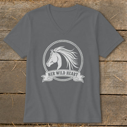 Gray v-neck t-shirt with distressed horse head graphic and text "Her Wild Heart".