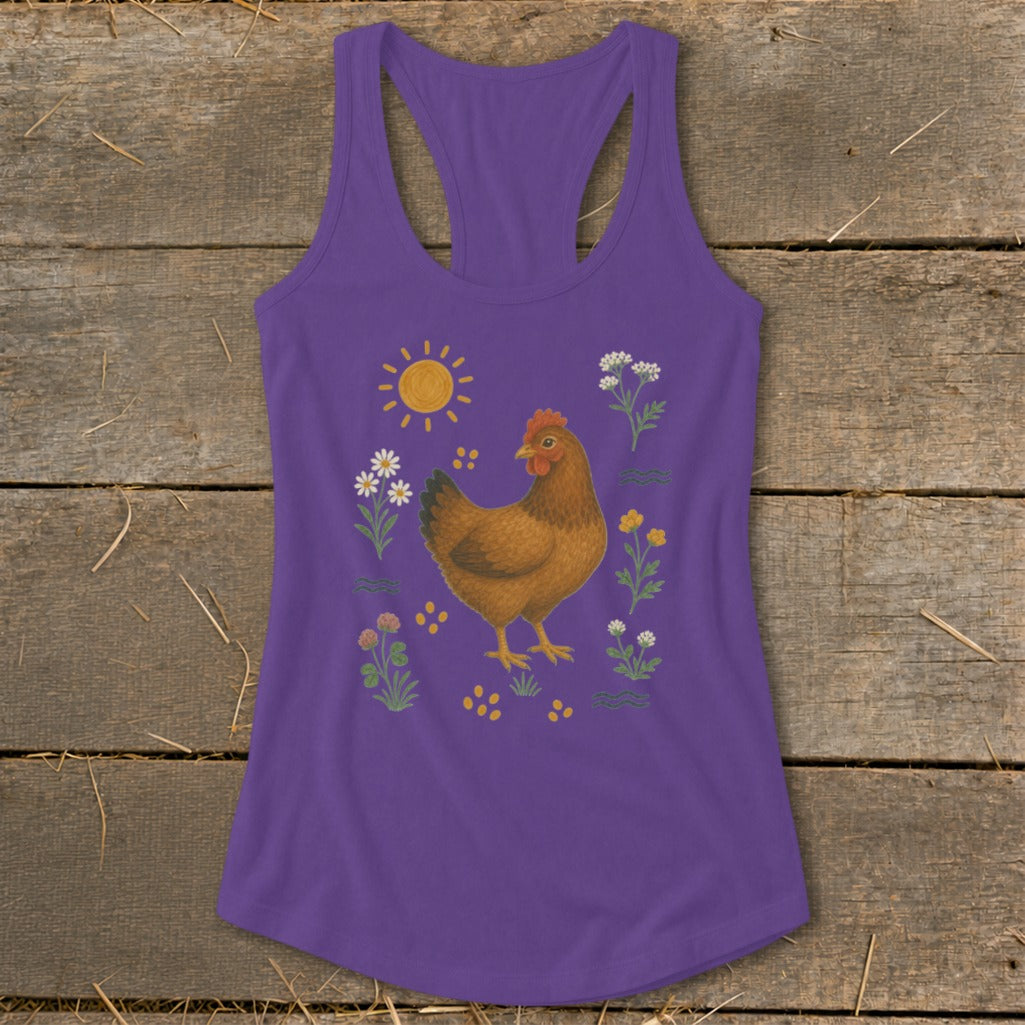 Purple tank top with a chicken, sun, and flowers illustration.