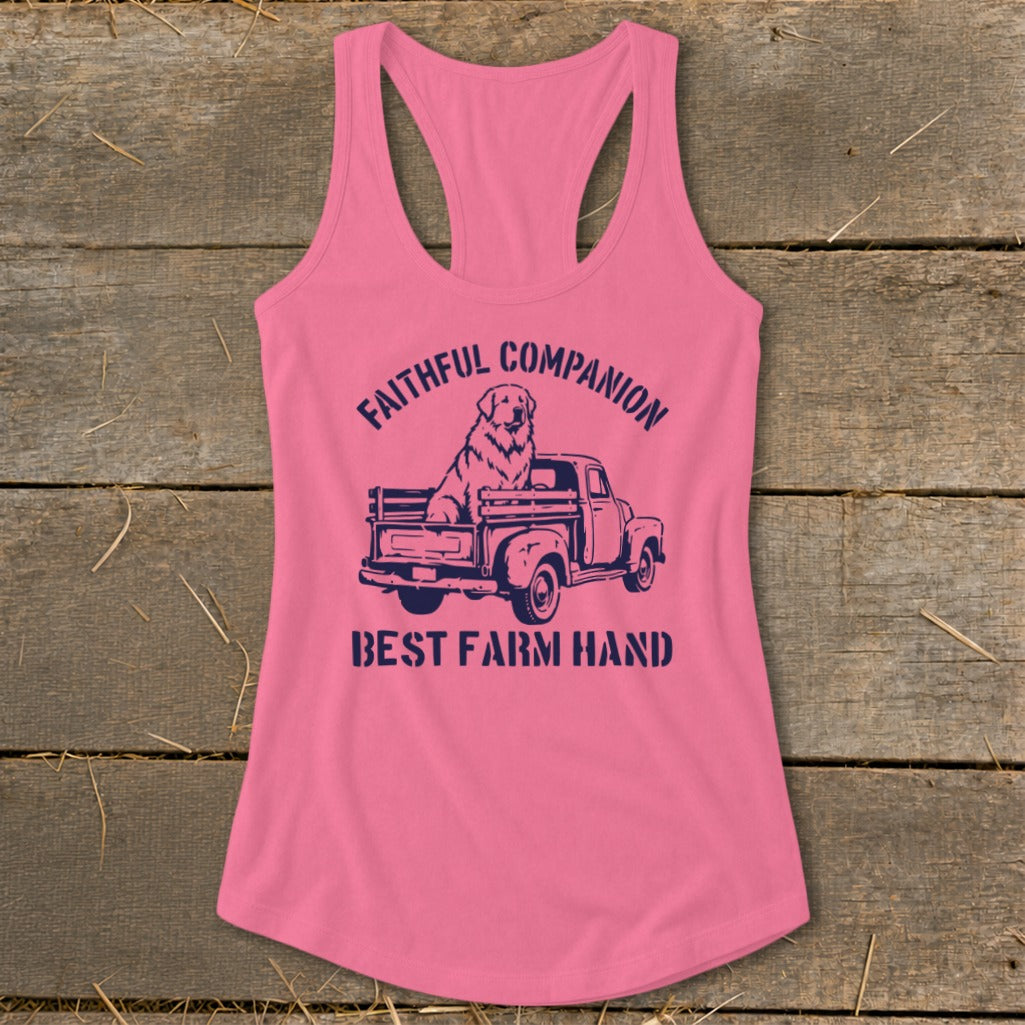 Pink tank top with dog in truck graphic and text "Faithful Companion Best Farm Hand".