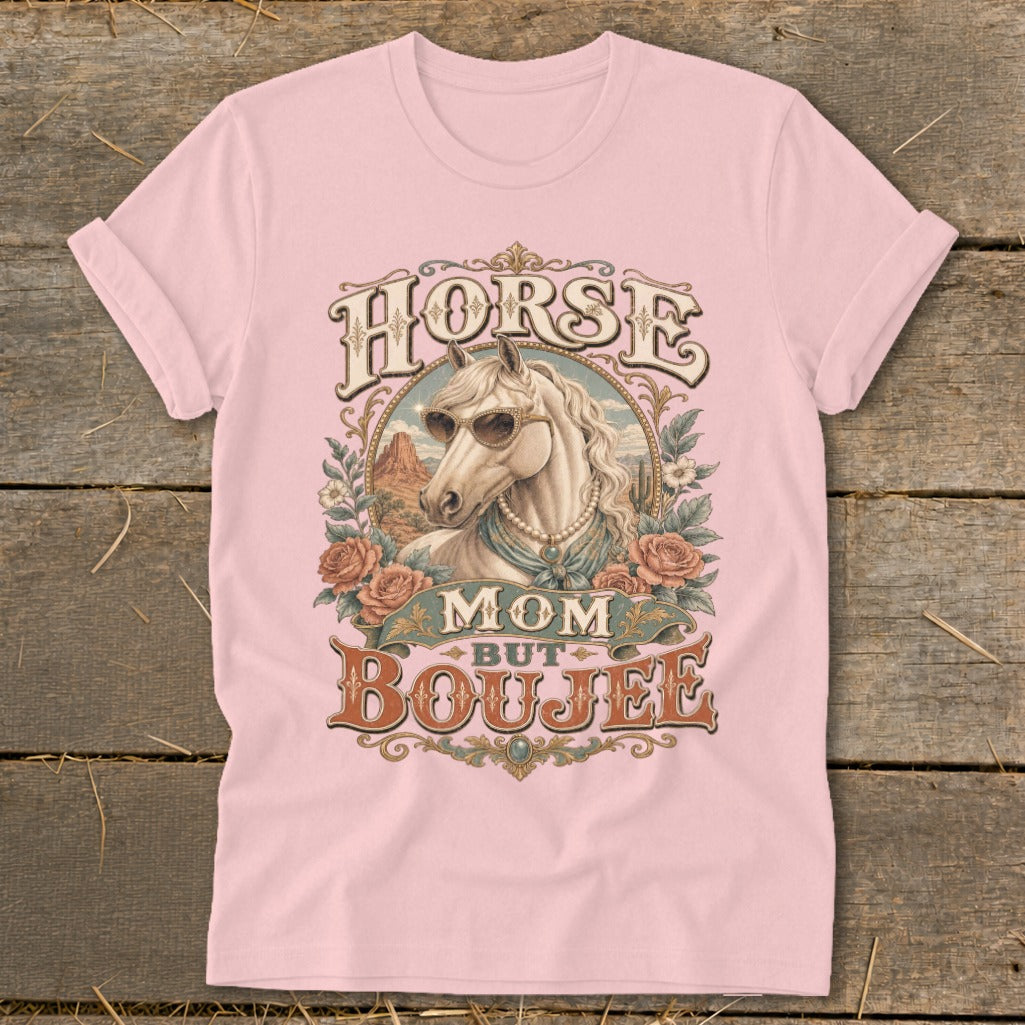 Horse Mom But Boujee graphic on a pink t-shirt featuring a horse wearing sunglasses.