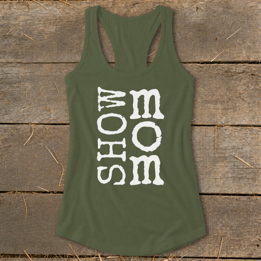 Olive green tank top with white text reading "SHOW MOM" vertically.
