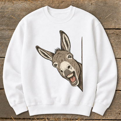 White sweatshirt with a cartoon donkey peeking around a corner with a wide smile.