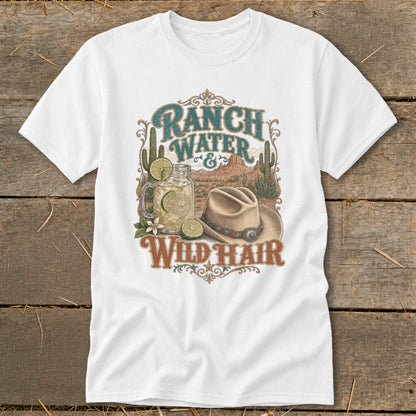 White t-shirt with "Ranch Water & Wild Hair" graphic featuring a cowboy hat and drink.